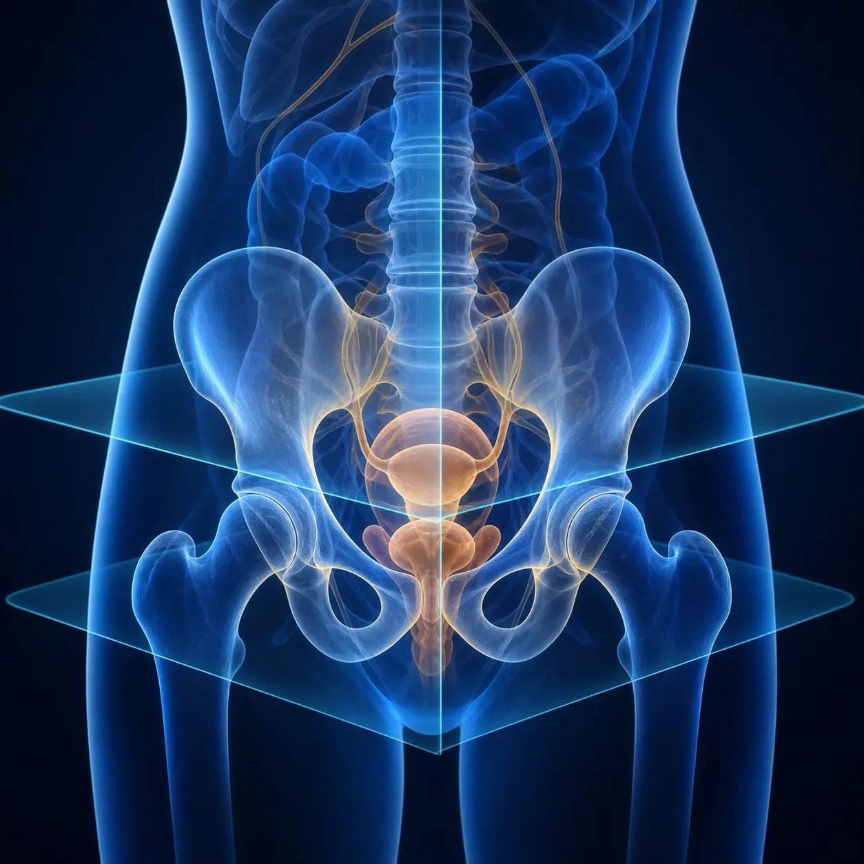 Ilustración médica de pelvis y órganos pélvicos