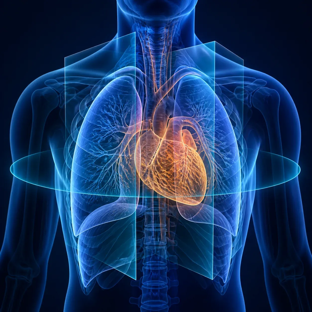 Ilustración médica de tórax, pulmones y corazón